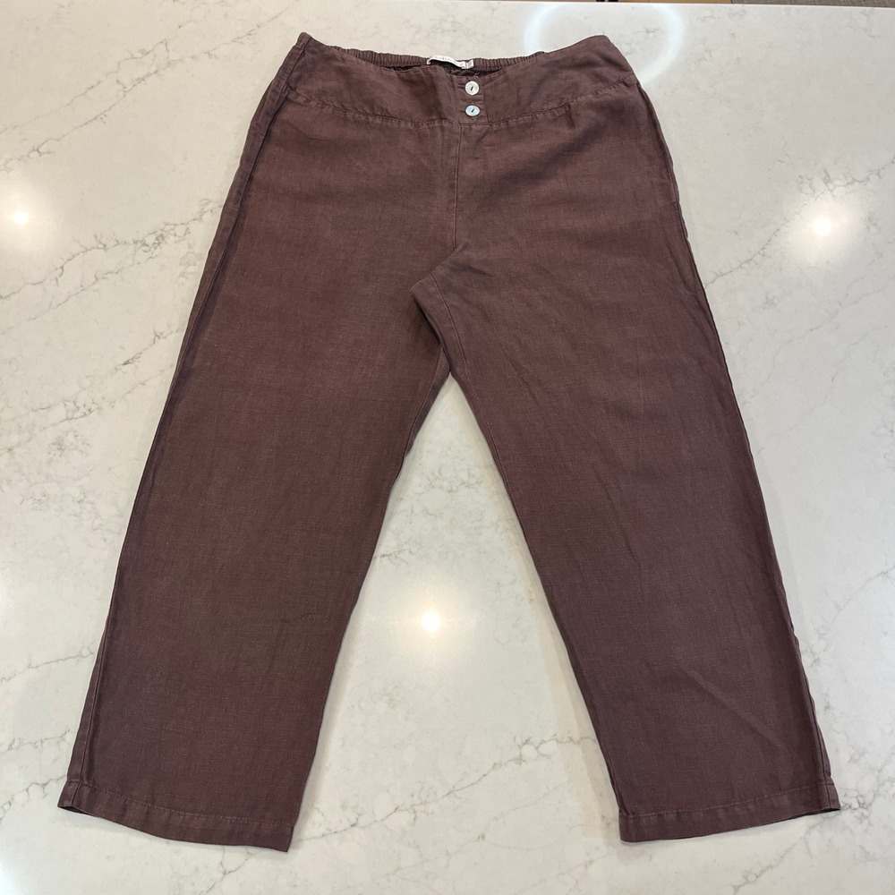 Cut Loose Wide Leg Pull On Cropped Pants Womens L Brown 100% Linen Lagenlook USA